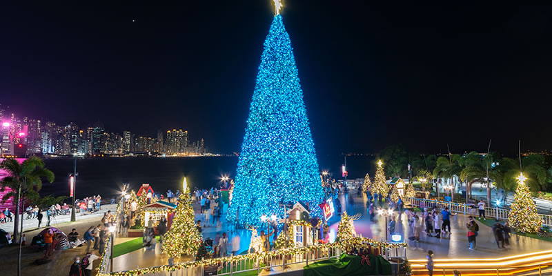 Christmas tree and decoration with skyline of Victoria harbor of Hong Kong city