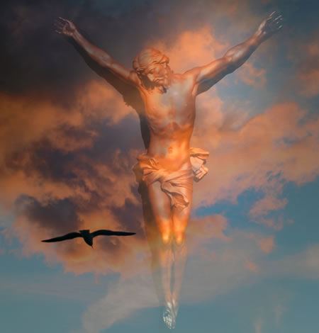 Jesus on the Cross superimposed on a blue sky with a bird flying 