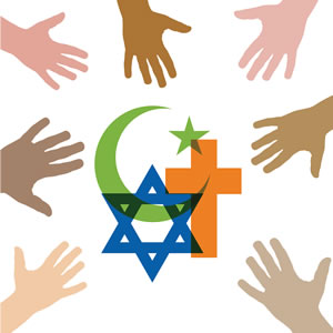 Arab, Jewish and Christian religious symbols.