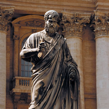 Statue of St. Peter that stands in St. Peter's Square in Vatican City, in front of St. Peter's Basilica.