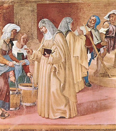 St. Brigid was reputed to turn water into ale (16th century fresco by Lorenzo Lotto)