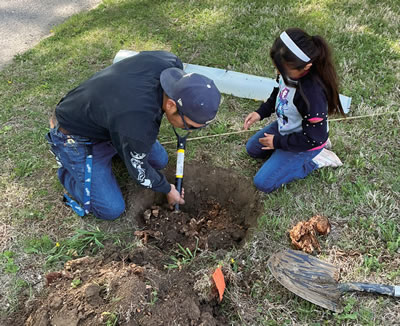 Man and child digging a hole to plant a tree