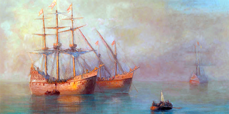 Painting of Columbus' ships landing at the "New World"