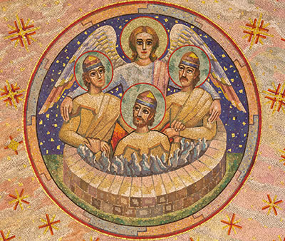Mosaic of an angel protecting Shadrach, Meshach, and Abednego from the fiery furnace