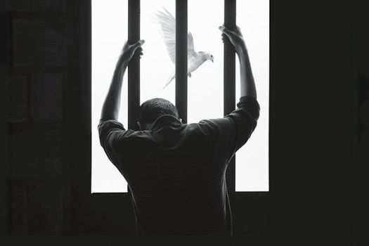 A man looking out a barred window