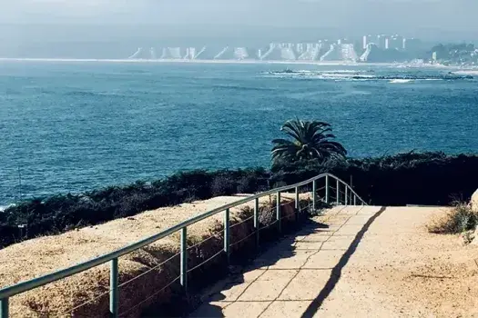 Walkway overlooking a shoreline with buildings in the distance.