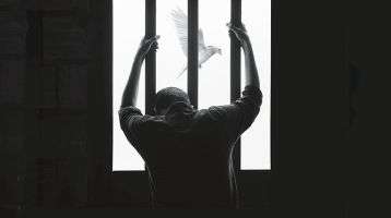 A man looking out a barred window