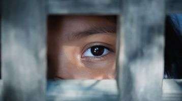The blank stare of a child's eye who is standing behind wooden cage.