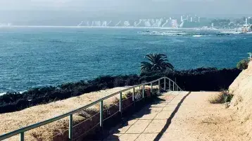 Walkway overlooking a shoreline with buildings in the distance.
