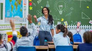 A teacher in front of her class pointing at a student