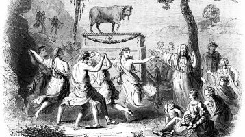 An engraved illustration of Hebrews worshipping a golden calf.