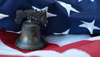 The Liberty Bell setting on an American Flag