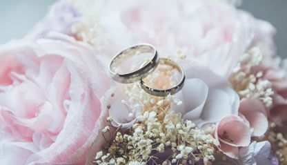 Wedding rings atop a bridal bouquet