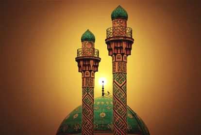 Two spires peek above a green dome of a building