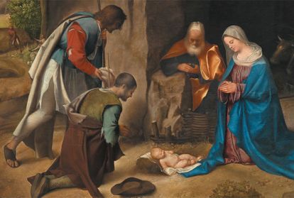 Painting of the Holy Family in a manger visited by two men.