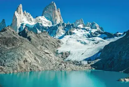 Scenic image of snowcapped mountains protecting a clear blue lake