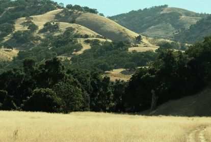 A farm field surrounded by mountains
