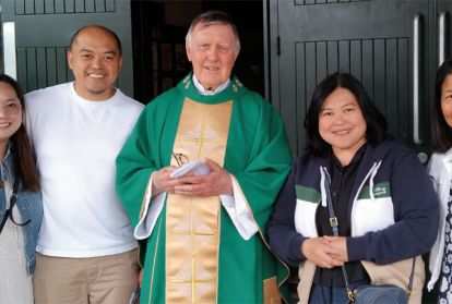 Columban lay missionary Angela Escarsa (right) with Columban Fr. Sean Coyle (center), Columban lay missionary Sherryl Lou Capili, and Sherryl’s brother and sister-in-law during a mission appeal at St. Charles Borromeo in Leixlip, Ireland