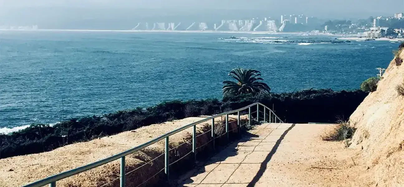 Walkway overlooking a shoreline with buildings in the distance.