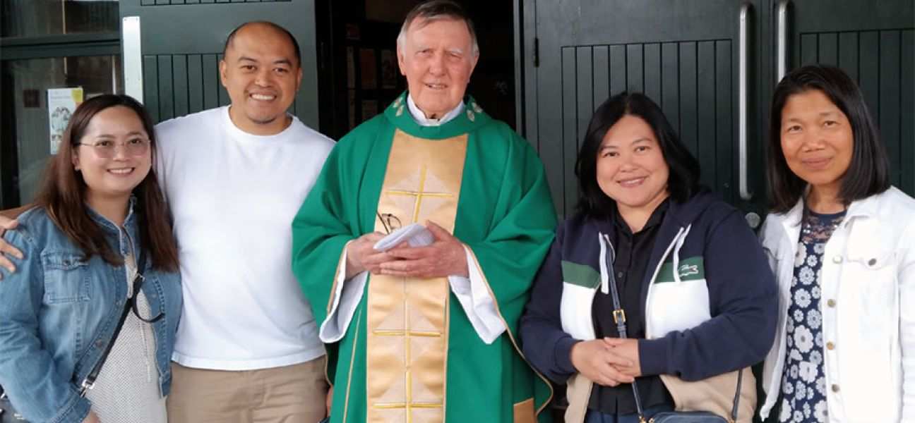 Columban lay missionary Angela Escarsa (right) with Columban Fr. Sean Coyle (center), Columban lay missionary Sherryl Lou Capili, and Sherryl’s brother and sister-in-law during a mission appeal at St. Charles Borromeo in Leixlip, Ireland