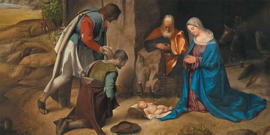 Painting of the Holy Family in a manger visited by two men.